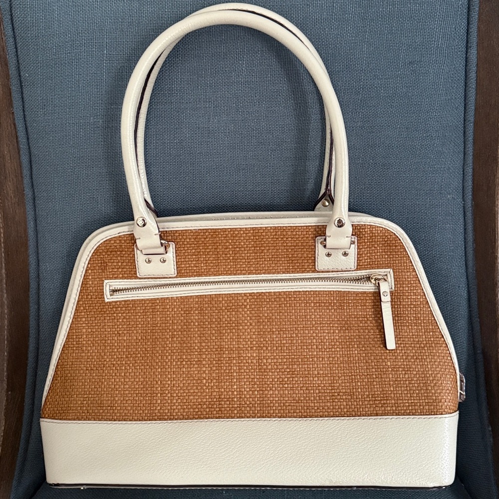 Kate Spade WOVEN Lotty Dome Satchel IVORY Leather & Brown Woven Straw panel EUC - Picture 3 of 15
